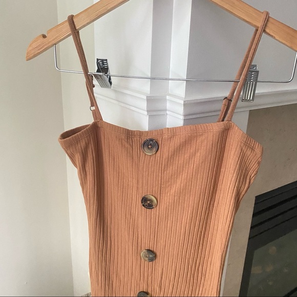PRETTYLITTLETHING Camel Ribbed Button Mini Fitted Dress - Picture 3 of 5